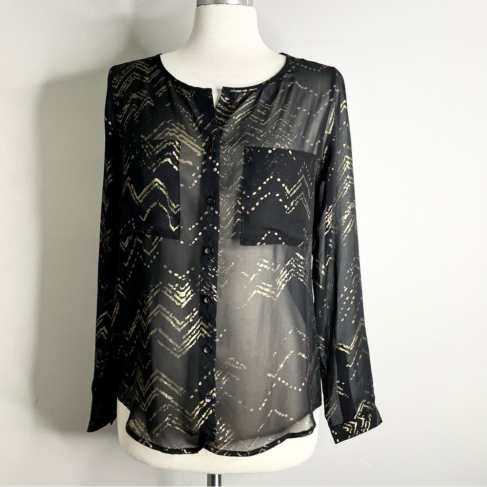 OLIVE & OAK Long Sleeve Sheer Button Down Blouse